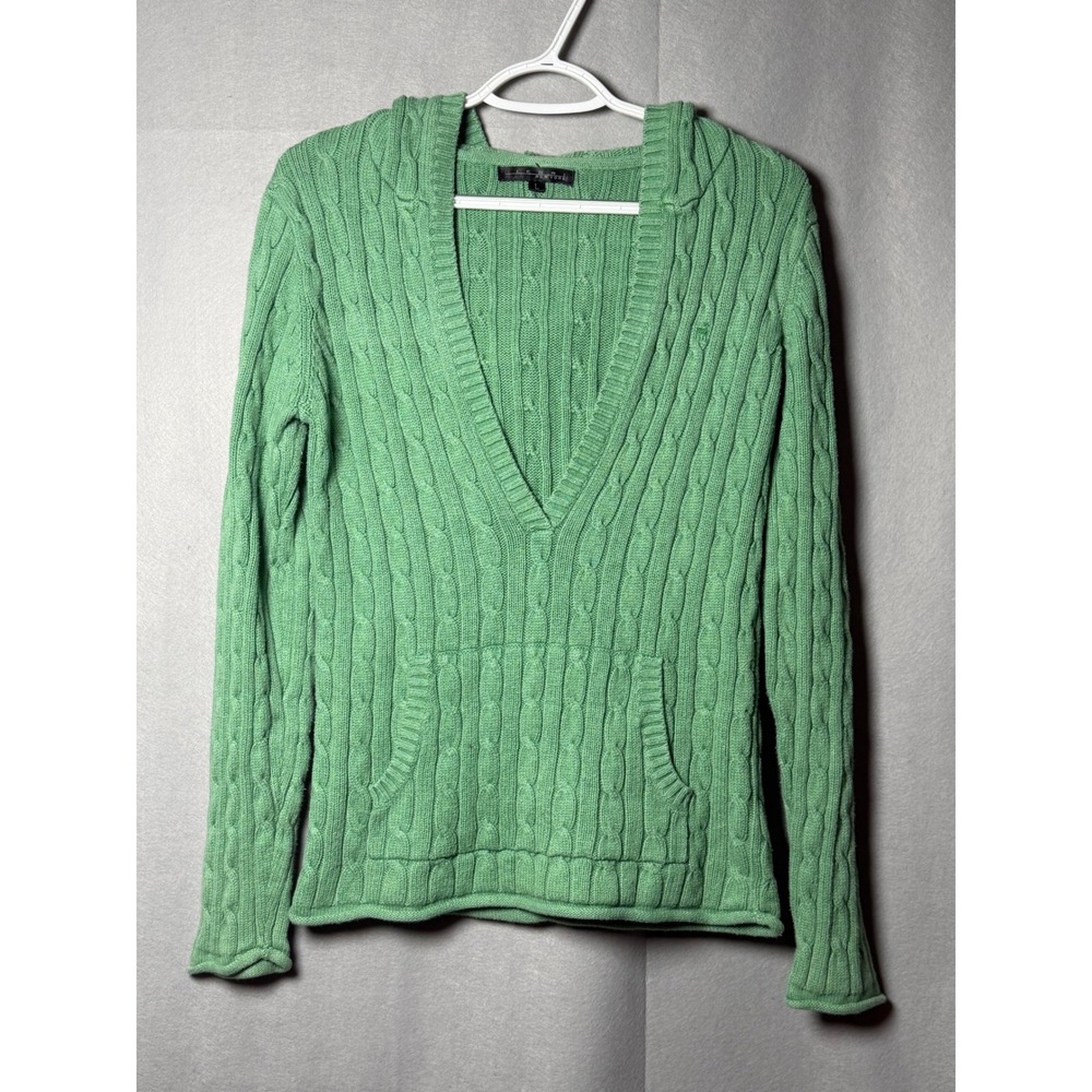Pier 1 New York Green Cable Knit Hooded Sweater V-Neck Cotton Pullover L